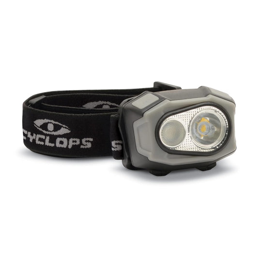 Cyclops Eflex - Linterna Frontal táctica, Duradera, Ligera, compacta, Ajustable, Brillante, 4 Colores LED, 400 lúmenes, Cable de Carga USB Incluido
