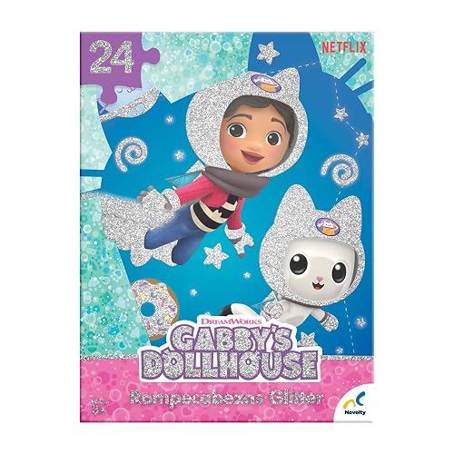 Novelty Corp - Rompecabezas Glitter, Gabby's Doll House, Ensable Perfecto, Piezas Resistentes, Mejora Agilidad Mental, Ensamble Perfecto, Juegos Tradicionales, 24 Piezas, Cartón Gráfico