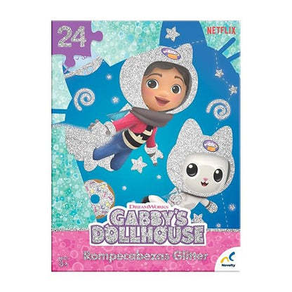 Novelty Corp - Rompecabezas Glitter, Gabby's Doll House, Ensable Perfecto, Piezas Resistentes, Mejora Agilidad Mental, Ensamble Perfecto, Juegos Tradicionales, 24 Piezas, Cartón Gráfico
