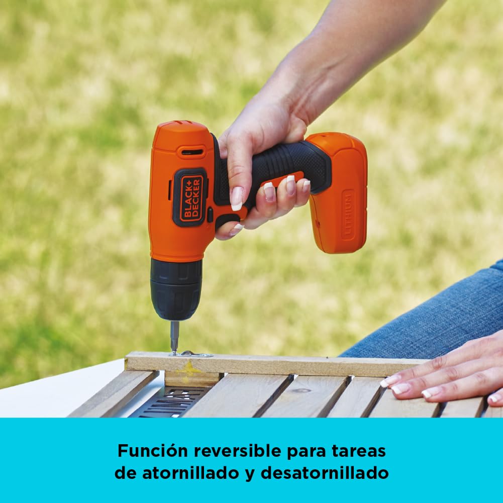 BLACK+DECKER Taladro Atornillador Inalámbrico 3/8" 8V, 54 Piezas, LD008KA | Taladro Atornillador Inalámbrico 3/8” (10mm), 8V, Incluye 54 Accesorios, Bolsa para Herramientas