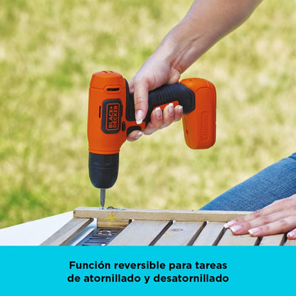 BLACK+DECKER Taladro Atornillador Inalámbrico 3/8" 8V, 54 Piezas, LD008KA | Taladro Atornillador Inalámbrico 3/8” (10mm), 8V, Incluye 54 Accesorios, Bolsa para Herramientas