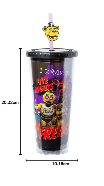 Silver Buffalo Five Nights at Freddy's - Taza fría de plástico con tapa y popote con Freddy Fazbear, Foxy, Chica y Bonnie, 24 onzas