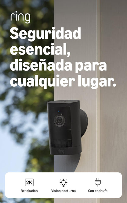 Cámara para exteriores con enchufe Ring (última generación), seguridad para hogar o negocio, video Retinal 2K gran angular, zoom mejorado 6x, visión nocturna de colores realistas con poca luz, negro