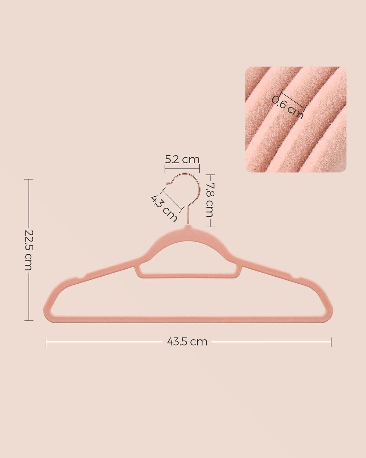 SONGMICS Juego de 50 Percha de Terciopelo, Antideslizantes | con Barr y Gancho, 0.6 cm Espesor, 43.5 cm Largo, Oro Rosa y Rosa Claro, Colección BREANNA MCRF21PK50