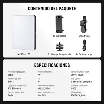 NEEWER VL67C RGB Luz Selfie con App Control, 94 LED CRI97 2000mAh Recargable, Cold Shoe Mount como Panel de Iluminación, Clip Portátil Delantero y Trasero Móvil para TikTok, Foco de Videoconferencia