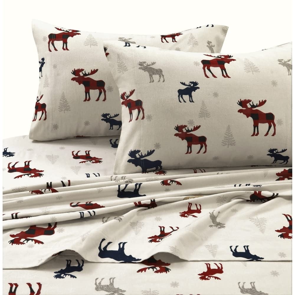 Tribeca Living - Juego de sábanas de Franela 100% algodón, Bolsillo Profundo, 170 g/m², Ropa de Cama Ultra Suave y acogedora para Invierno, King, Alces a Cuadros