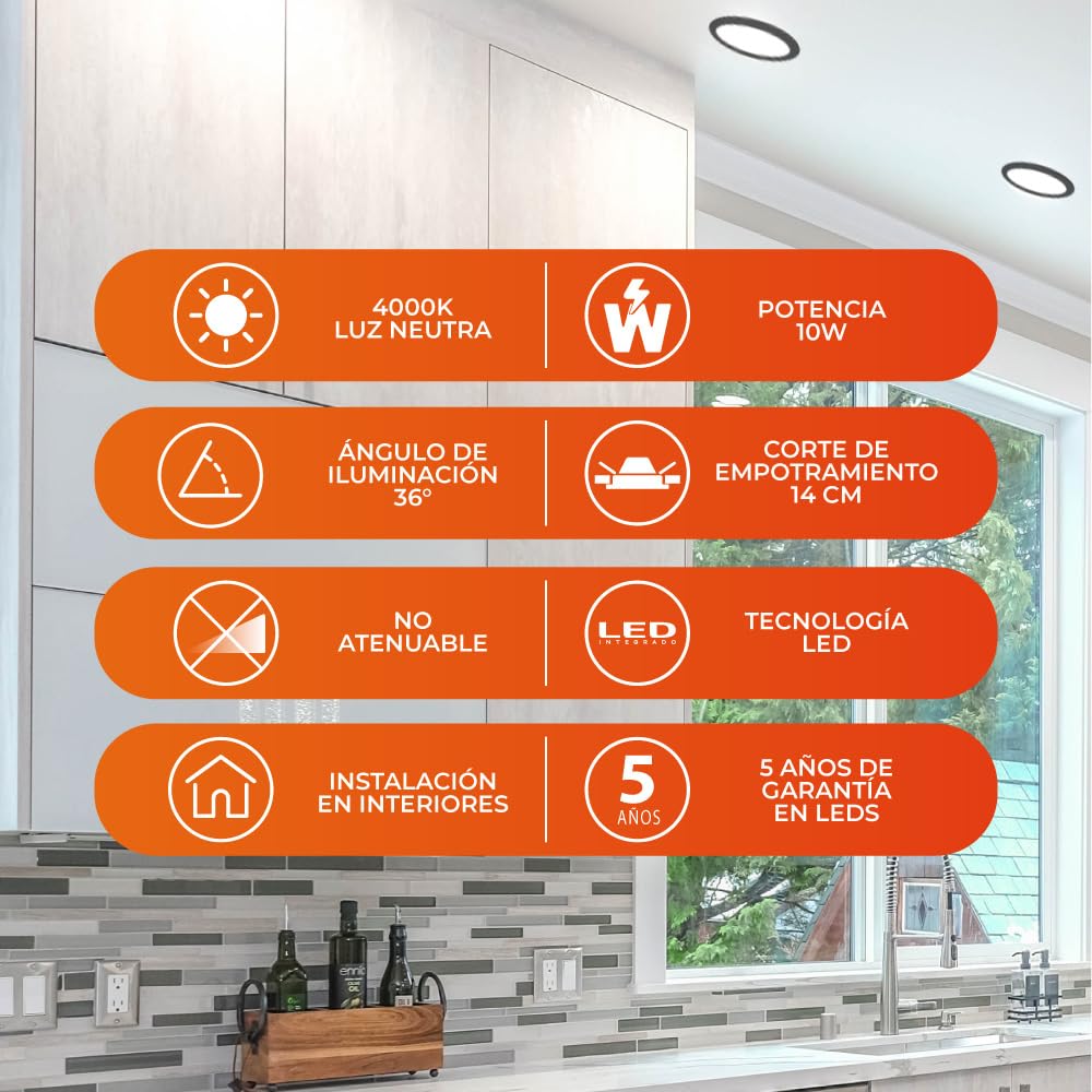 Tecnolite - Lámpara Empotrable de Techo Downlight LED 10 W, Luz Neutra, No atenuable, Multivoltaje