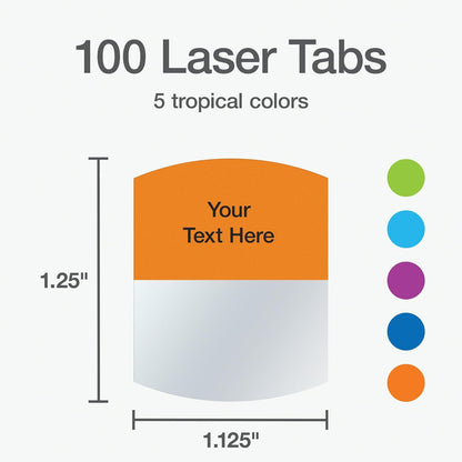 Redi-Tag 1006788) Pestañas imprimibles con láser, pestañas de índice permanente, etiquetas adhesivas personalizables, colores tropicales surtidos, 1.15 x 1.25 pulgadas, 100 por paquete