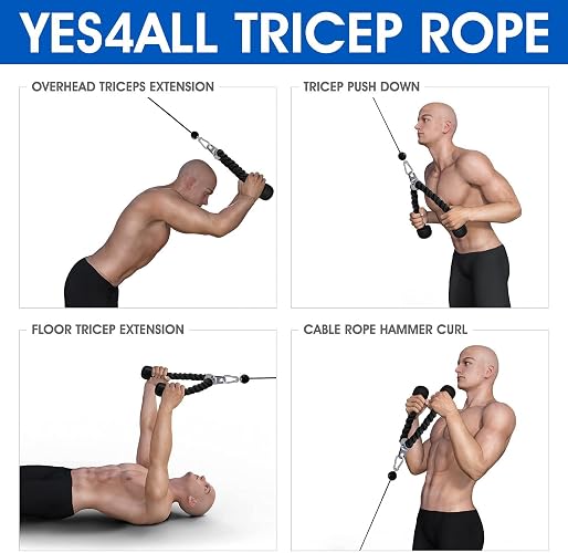 Yes4All Cuerda para Tríceps, 27" y 36" Accesorios para Poleas Gym en Casa, Agarres y Manerales - Ideal para Entrenamiento de Brazos y Espalda