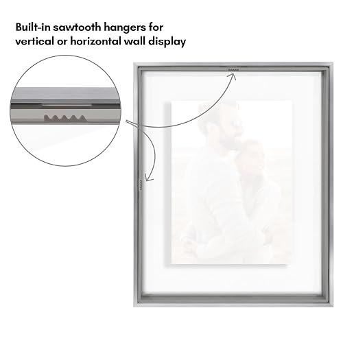 Americanflat - Marco de fotos flotante de aluminio de 8 x 10 pulgadas con vidrio resistente a roturas, uso como marco de fotos de 5 x 7 pulgadas o visualización de 8 x 10 pulgadas, colección de