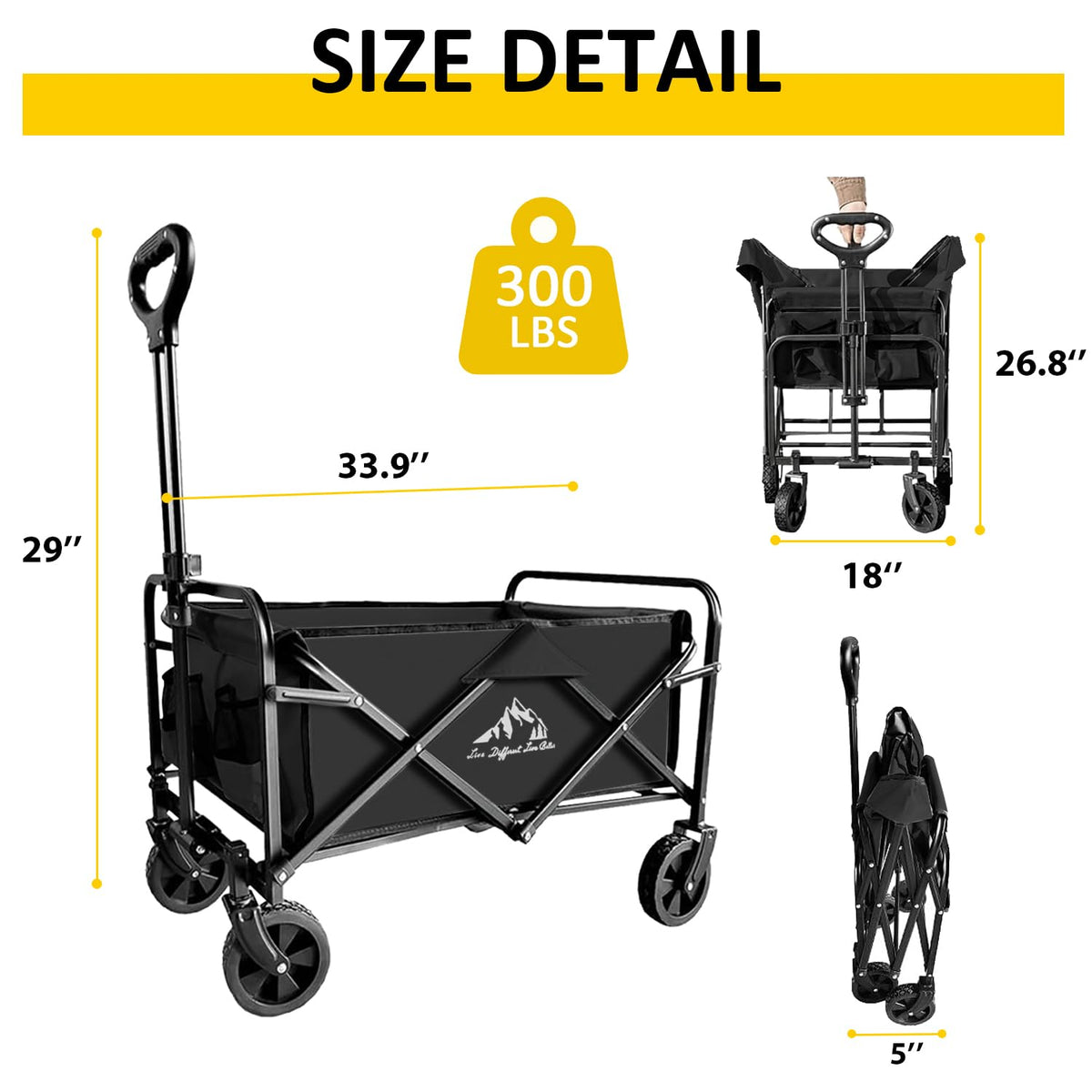 Carro Plegable Plegable con Ruedas Todo Terreno, Carro Resistente al Aire última intervensión con asa Ajustable, Carrito de Gran Capacidad para Camping, Playa, Deportes y Compras, Color Negro