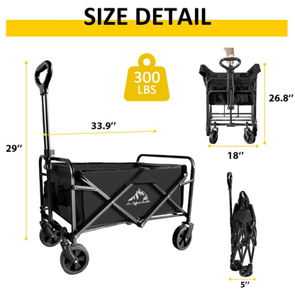Carro Plegable Plegable con Ruedas Todo Terreno, Carro Resistente al Aire última intervensión con asa Ajustable, Carrito de Gran Capacidad para Camping, Playa, Deportes y Compras, Color Negro