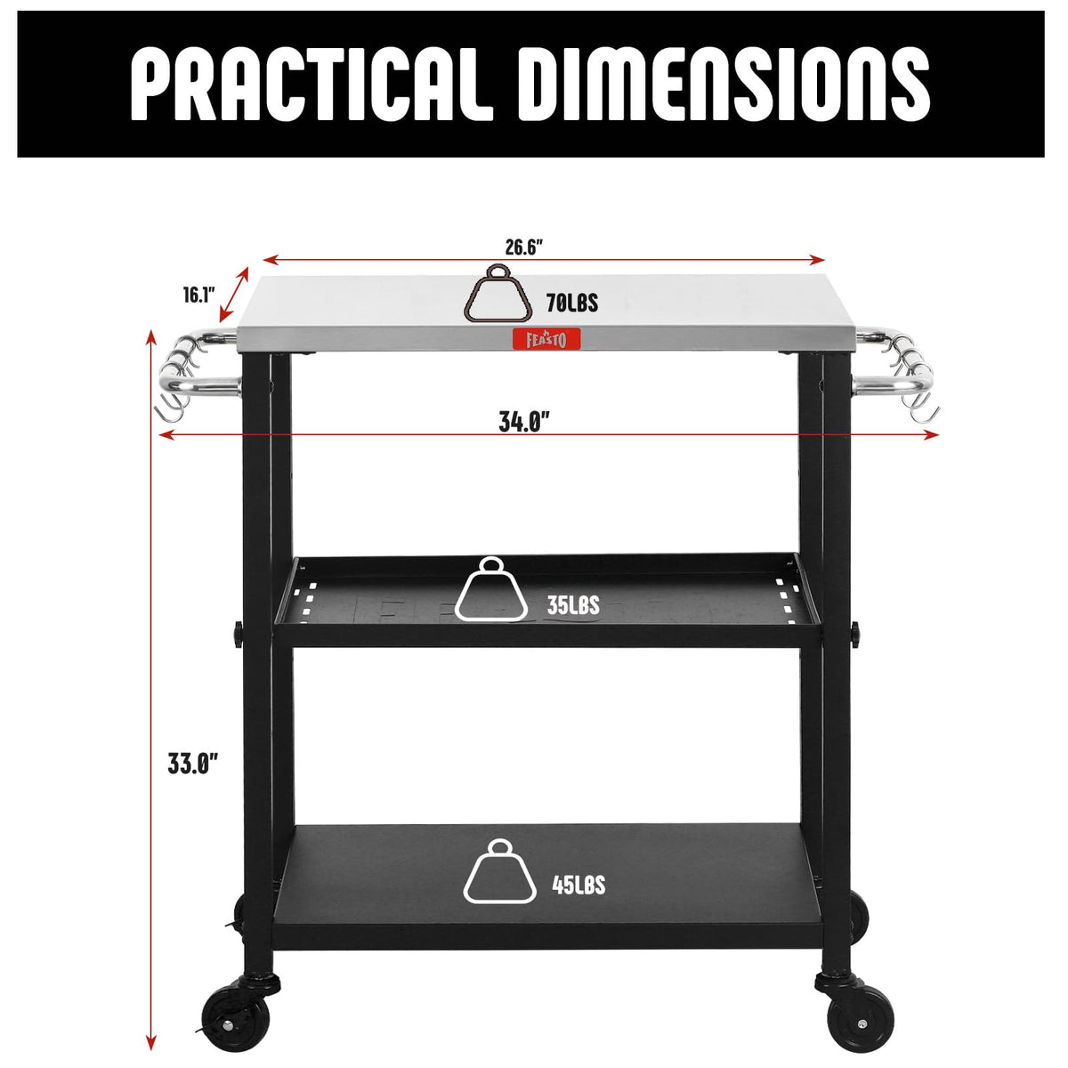 Feasto - Mesa de parrilla de 3 estantes, soporte para horno de pizza con estante ajustable, carro de parrilla móvil, para exterior, carrito de bar al aire última intervensión con ruedas, mesa de acero