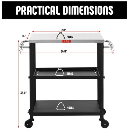 Feasto - Mesa de parrilla de 3 estantes, soporte para horno de pizza con estante ajustable, carro de parrilla móvil, para exterior, carrito de bar al aire última intervensión con ruedas, mesa de acero