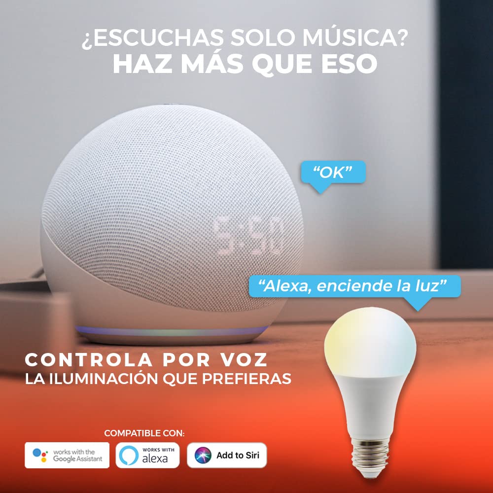Tecnolite Connect - Paquete 3 Focos Inteligentes Luz Blanca WiFi y Bluetooth, Comp. Alexa, App Connect, Glow Smart, Iluminación blanca, cálida, fría, Iluminación Interior