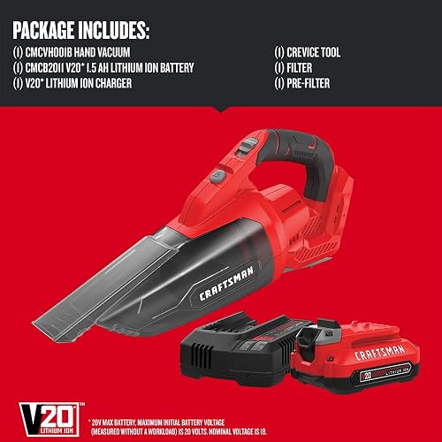 Craftsman V20 CMCVH001C1 - Aspiradora de Mano inalámbrica, 45 CFM, Sistema de filtración de 2 etapas con Filtro, batería y Cargador Incluido