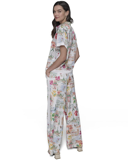 Karl Lagerfeld - Camisa de Campamento con Botones para Mujer, Blanco Suave/Coral Fusion Multi