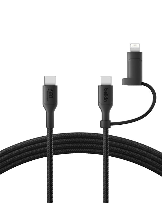 Belkin BoostCharge Cable de carga USB-C trenzado 2 en 1 con conector USB-C y Lightning (1,5 M) de carga rápida y múltiple para iPhone Series, iPad, MacBook, Galaxy Series, Nintendo Switch 2 y más