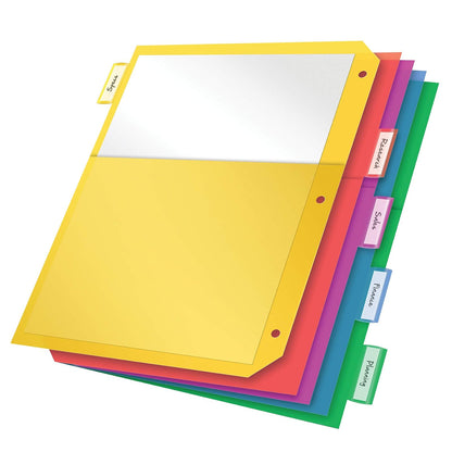 Oxford 89602 divisores de plástico de 2 bolsillos, corte de 5 lengüetas 1/5, juego de pestañas grandes multicolor, divisores insertables con inserciones de papel, tamaño carta, 3 juegos