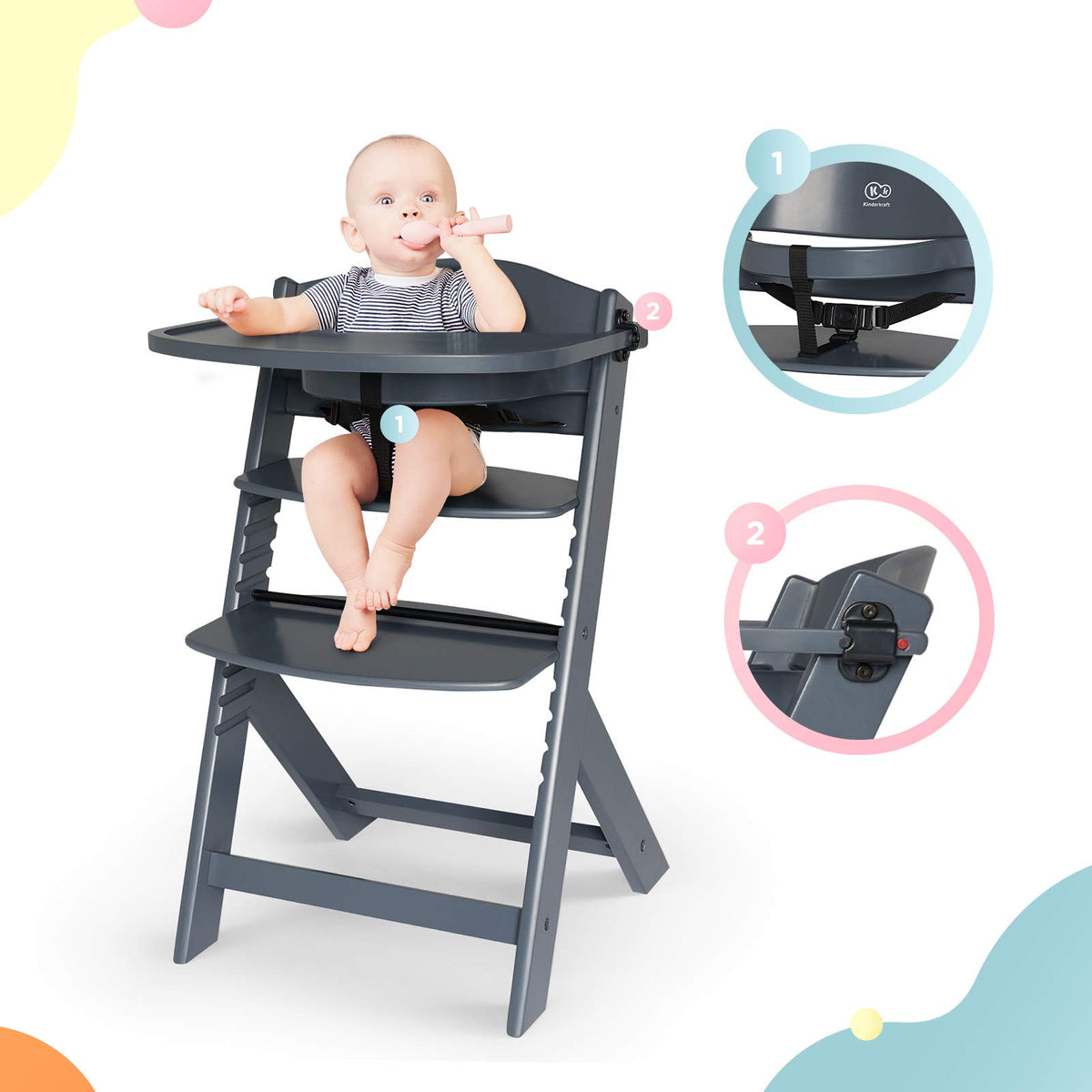 Kinderkraft ENOCK Silla Alta de Madera, Periquera Infantil, Portatil, para niños, Evolutiva silla alta, Ergonómica, Con accesorios, Barrera y Bandeja, Gris completo
