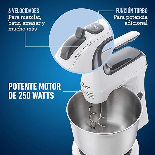 Oster Batidora de Mano y Pedestal 250 W con 6 Velocidades y Tazón de 3.7 L | Acción giratoria para mezclar 2 veces más rápido y uniforme, función Turbo, incluye ganchos amasadores, blanco, FPSTHS3612