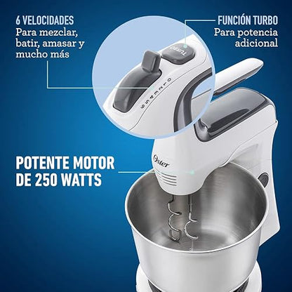 Oster Batidora de Mano y Pedestal 250 W con 6 Velocidades y Tazón de 3.7 L | Acción giratoria para mezclar 2 veces más rápido y uniforme, función Turbo, incluye ganchos amasadores, blanco, FPSTHS3612