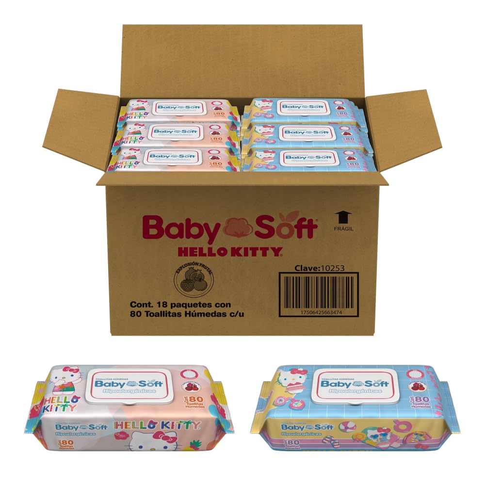 Toallitas Húmedas Baby Soft, Aroma Moras/Explosión Frutal, Hello Kitty and Friends, Caja con 1,440 piezas (18 Paquetes con 80 Toallitas c/u)