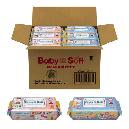 Toallitas Húmedas Baby Soft, Aroma Moras/Explosión Frutal, Hello Kitty and Friends, Caja con 1,440 piezas (18 Paquetes con 80 Toallitas c/u)