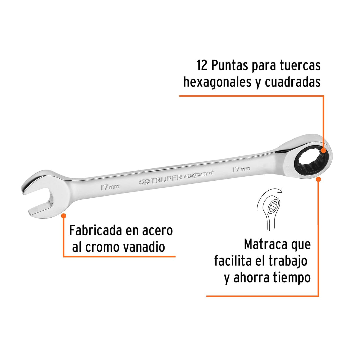 Truper Expert LL-2017MX, Llave combinada con matraca 17 mm x 218 mm largo