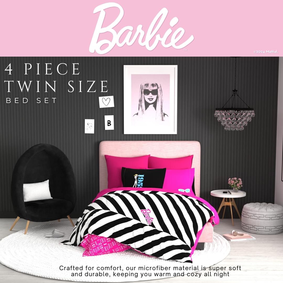 Franco Barbie 1959 - Juego de edredón y sábanas Reversibles súper Suaves y acogedores, 4 Piezas, tamaño Individual (Producto Oficial con Licencia) coleccionables