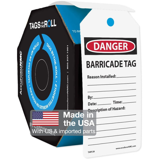 Accuform Etiquetas de Estado de Barricada 'DANGER BARRICADE TAG', 6.25" x 3", 100 Etiquetas PF-Cardstock, Rojo/Negro en Blanco
