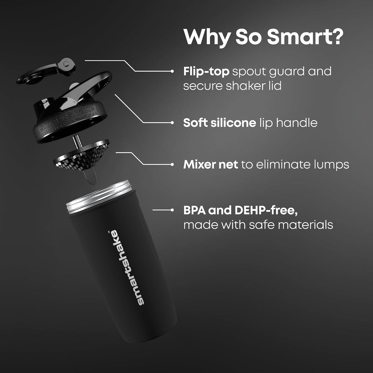SmartShake Reforce Negro Botella Mezcladora de Acero Inoxidable 900 ml, Libre de BPA