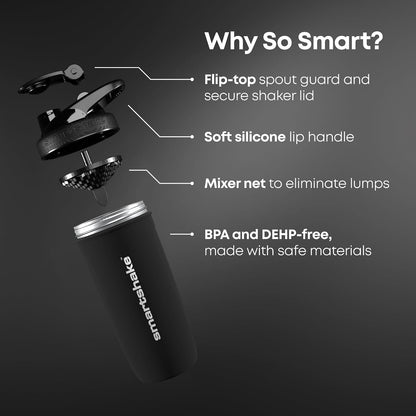 SmartShake Reforce Negro Botella Mezcladora de Acero Inoxidable 900 ml, Libre de BPA