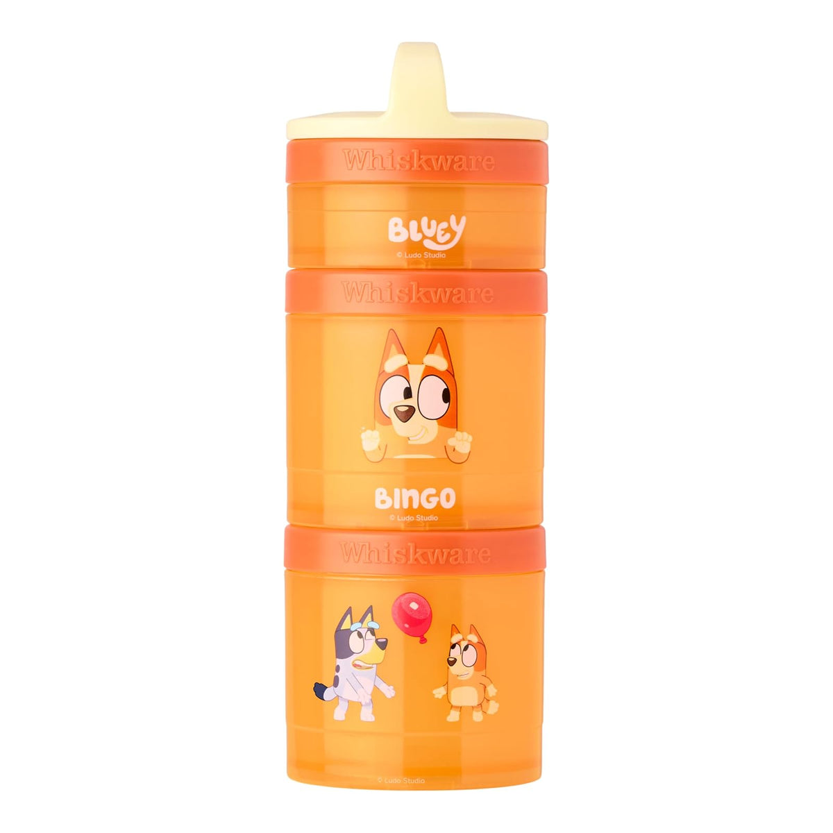 Whiskware - Contenedores apilables Bluey para aperitivos, para niños y niños, 3 tazas apilables para la escuela y los viajes, Bluey y Bingo, ¡hurra!