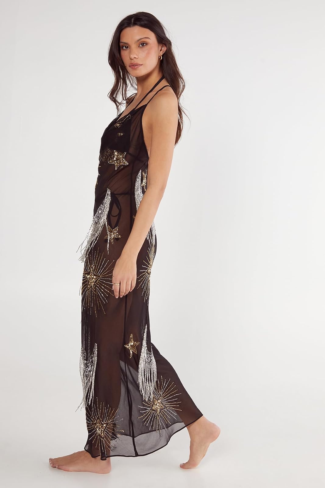 Nasty Gal Celestial Embellished Tassel Detail Cowl Maxi Dress Vestido Mujer