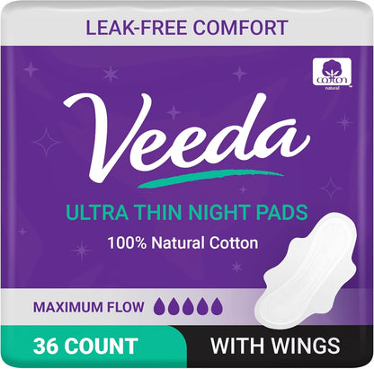 Veeda Natural Cotton UltraThin Night Pads with Wings, Unscented, 3 Packs, 12 Count Each
