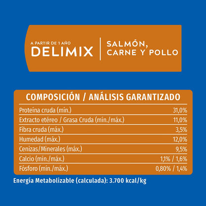Purina Cat Chow Adulto Delimix Todos los Tamaños Sabor Salmón, Carne y Pollo 15Kg