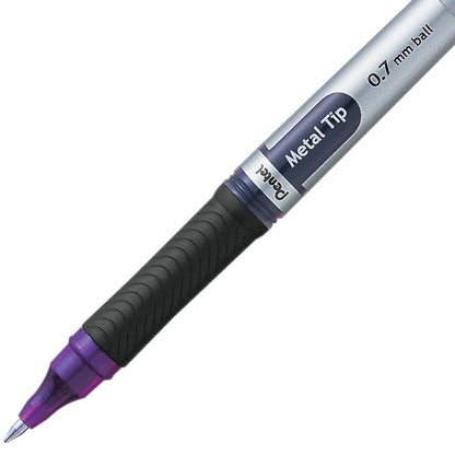 Pentel EnerGel Bolígrafo de Gel Líquido, Punto Fino, 0.7 mm, Cuerpo Plateado, Tinta Violeta, Caja con 12 Piezas, BL17-V