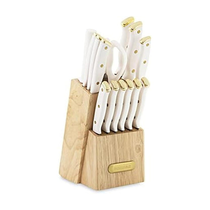 Farberware Juego de 15 cuchillos de triple remachado, cuchillos de cocina de acero inoxidable de alto carbono, juego de cuchillos afilados con bloque de madera, blanco y dorado
