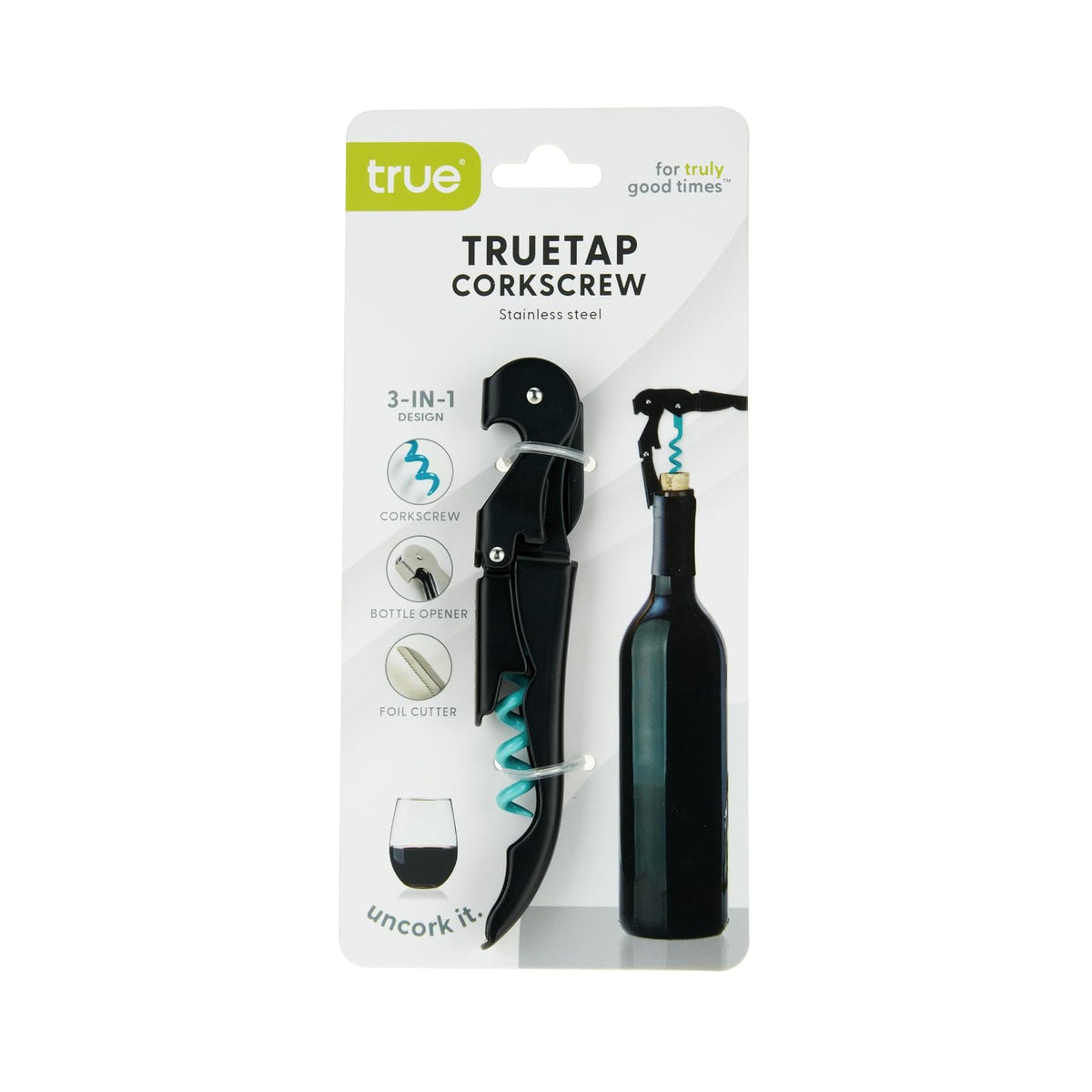 True Truetap - Abrebotellas de vino de camarero con doble bisagra, abrebotellas de vino de acero inoxidable con cortador de aluminio integrado, herramientas de bar para el hogar, accesorios de carrito