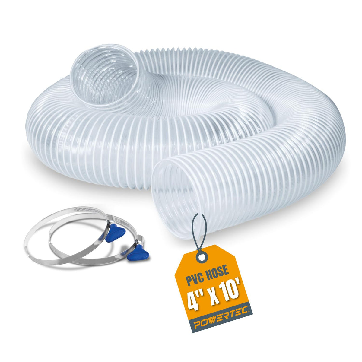 POWERTEC 70242 Heavy Duty 4-Inch x 10-Foot Flexible PVC Dust Collection Hose with 2 Key Hose Clamps, Clear Color - Manguera de 10 x 10 pies + abrazaderas de manguera - 4-Inch x 10 Foot