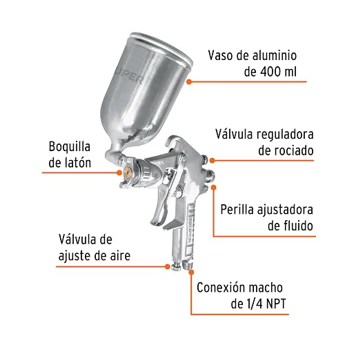 Truper PIPI-420, Pistola de Aire Serie 400, de Gravedad, Flujo controlado, Vaso multiposición, Boquilla de 1.4mm