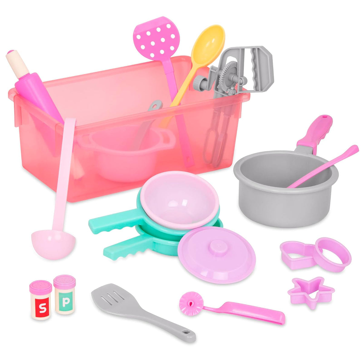 Battat Dinner for Eight, Juego de Cocina con batidora Manual | Juego de cocina Set de 21 con ollas, sartén, cuenco, rodillo, batidora manual, cortadores y recipiente, 3 años y + - ¡Cena para ocho!