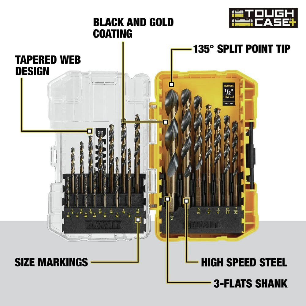 DEWALT - Juego de 21 Brocas, Punta de División de 135 Grados, Hélice de 31 Grados, Revestimiento de Óxido Negro, para Madera, Metal y Plástico (DWA1181)