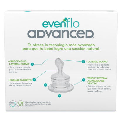 Evenflo Advanced Set Avanzado de 6 Biberones Ortodónticos con Escobillón, Silicón Grado Alimenticio, Libre de BPA, Cuello Angosto, Sistema Triple de Ventilación, para Bebés 0-3 Meses