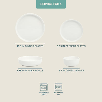 Gibson Home Oslo - Juego de vajilla de porcelana resistente a los arañazos y astillas, servicio para 4 (16 unidades), platos de cerámica y tazones, color blanco, apto para microondas y lavaplatos
