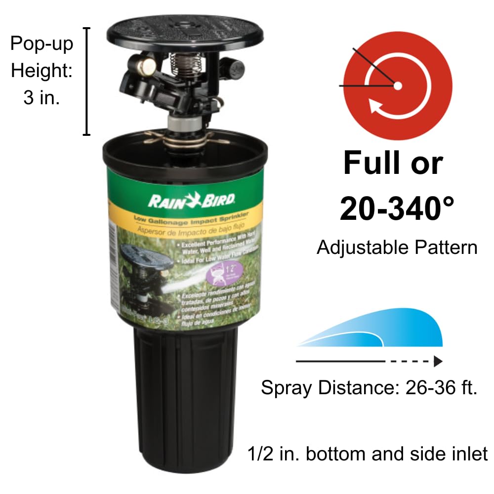 Rain Bird LG-3 - Aspersor de césped de bajo galonaje, Ajustable de 20° a 360°, Distancia de pulverización de 26 pies a 41 pies