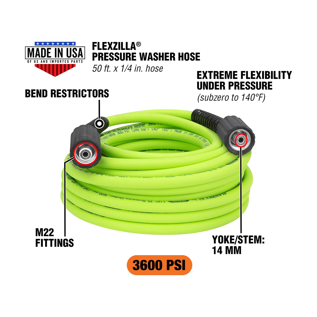 Flexzilla HFZPW36450M-E 3600 PSI, manguera de lavado a presión de 50 pies, 1/4 pulgadas x 50 pies, ZillaGreen