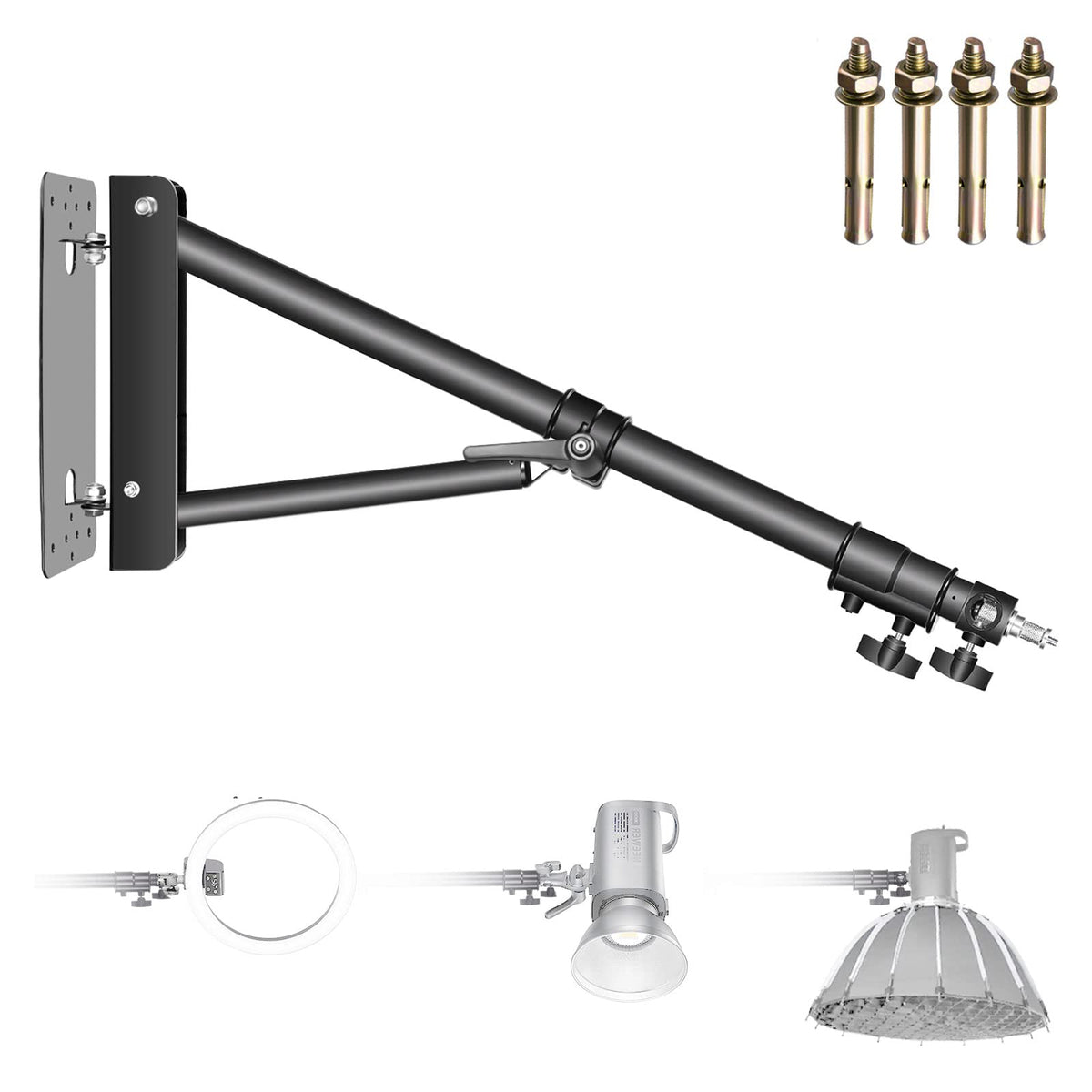 NEEWER Wall Mounting Triangle Boom Arm para Luz de Anillo & Fotografia Gear | Para Monolight, Softbox, Reflector, Sombrilla, y Strobe Luz, Support 180 Degree Rotation, Max Length 4.3 Ft/130cm (Negro)