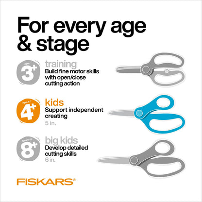 Fiskars - Tijeras de punta roma SoftGrip de 5 pulgadas para niños de 4 a 7 años (paquete de 3), tijeras para la escuela o manualidades, suministros para el regreso a la escuela, diseños azules,